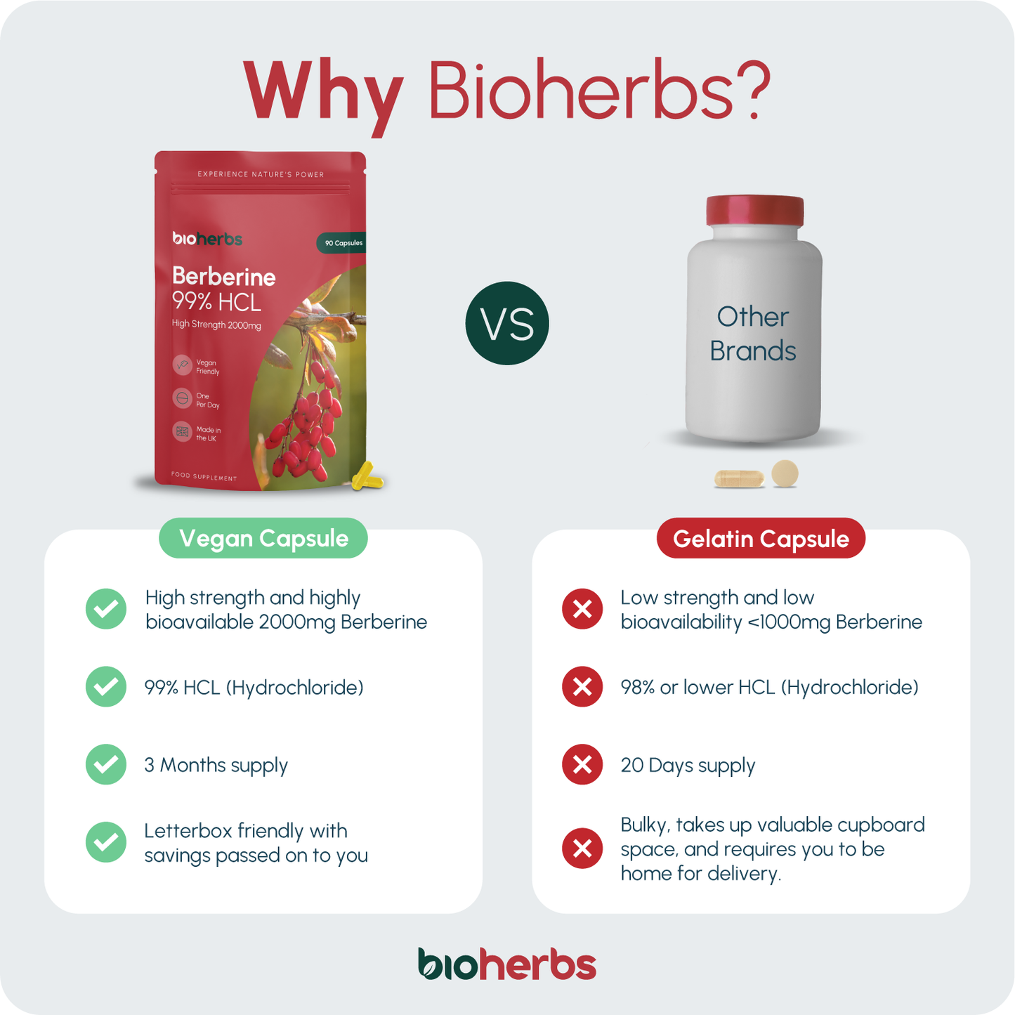 BioHerbs Berberine HCL Supplement High Strength - 99% HCL | 90 One-Per-Day Capsules (3-Month Supply)