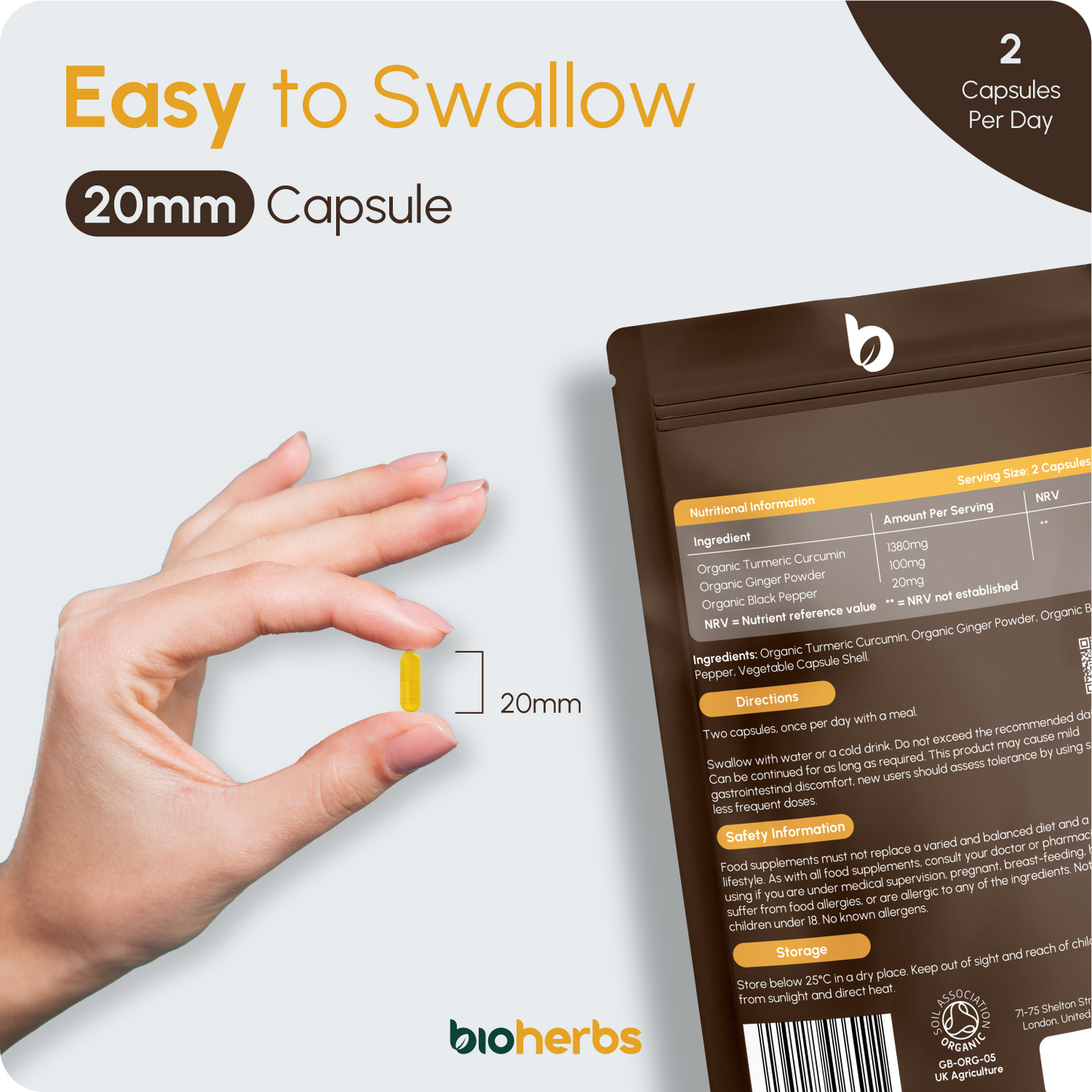 Organic Turmeric Capsules 1500mg with Black Pepper & Ginger | High Strength Turmeric Supplement by BioHerbs | 120 Capsules (2-Month Supply)