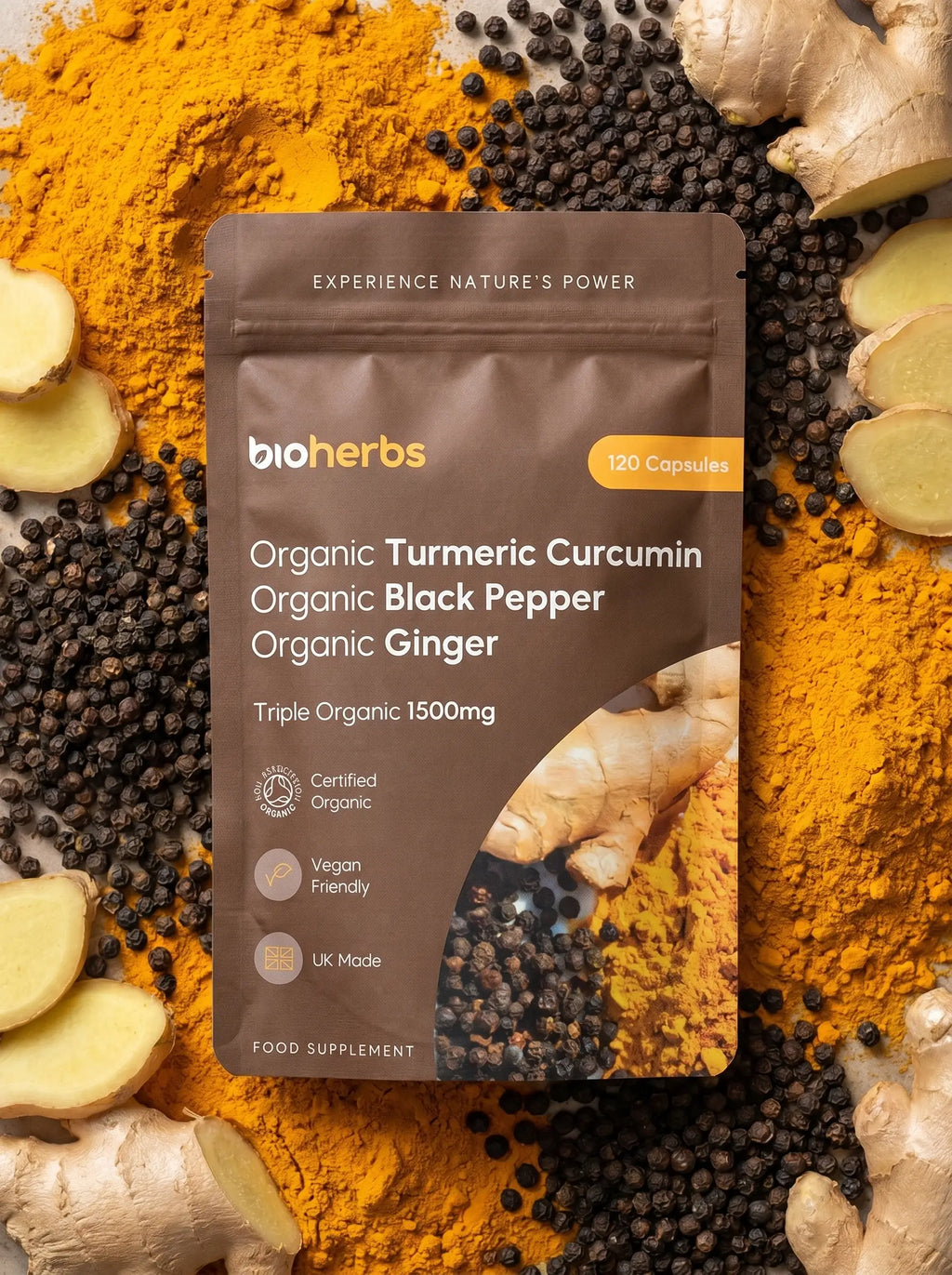 Organic Turmeric Capsules 1500mg with Black Pepper & Ginger | High Strength Turmeric Supplement by BioHerbs | 120 Capsules (2-Month Supply)