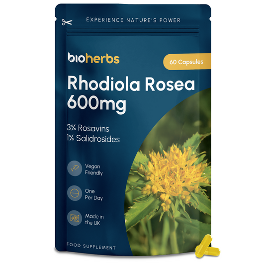 Rhodiola Rosea Capsules High Strength - 600mg 3% Rosavins 1% Salidroside by BioHerbs | 60 One-Per Day Capsules (2-Month Supply)