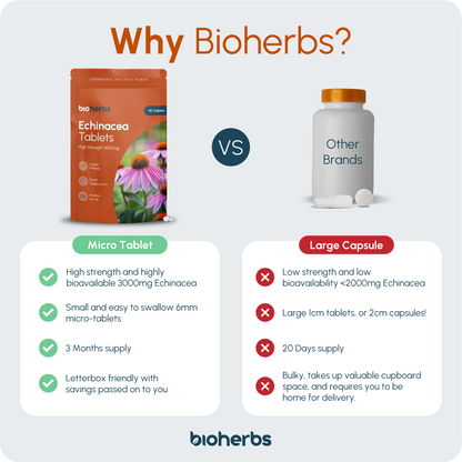 BioHerbs Echinacea Tablets High Strength 3000mg - 90 One-Per-Day Micro Tablets (3-Month Supply)