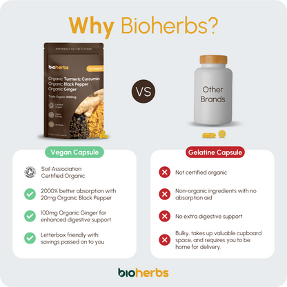 Organic Turmeric Capsules 1500mg with Black Pepper & Ginger | High Strength Turmeric Supplement by BioHerbs | 120 Capsules (2-Month Supply)
