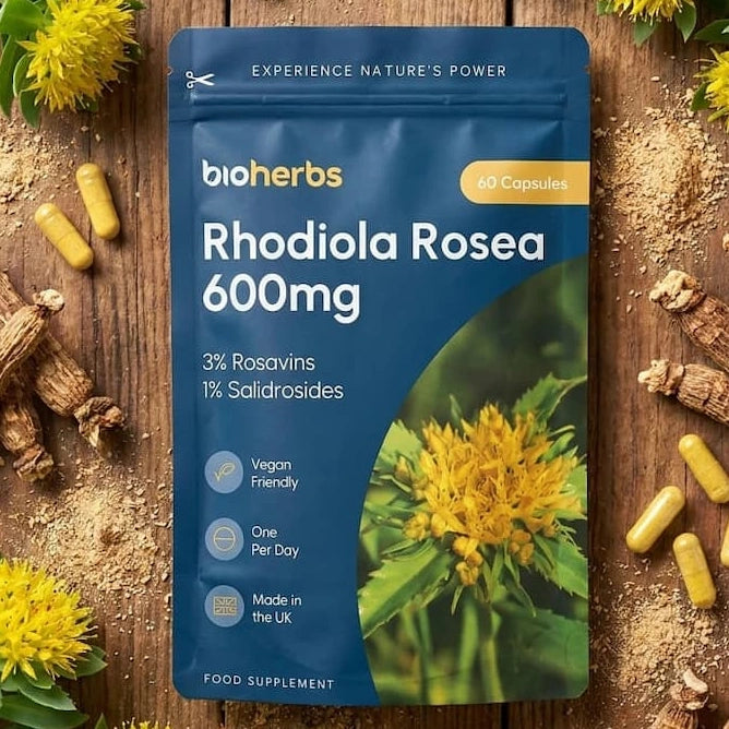 Rhodiola Rosea Capsules High Strength - 600mg 3% Rosavins 1% Salidroside by BioHerbs | 60 One-Per Day Capsules (2-Month Supply)