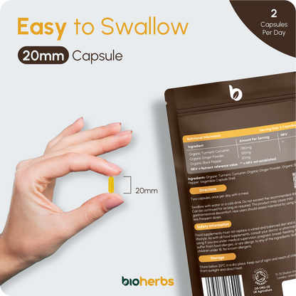 Organic Turmeric Capsules 1500mg with Black Pepper & Ginger | High Strength Turmeric Supplement by BioHerbs | 120 Capsules (2-Month Supply)