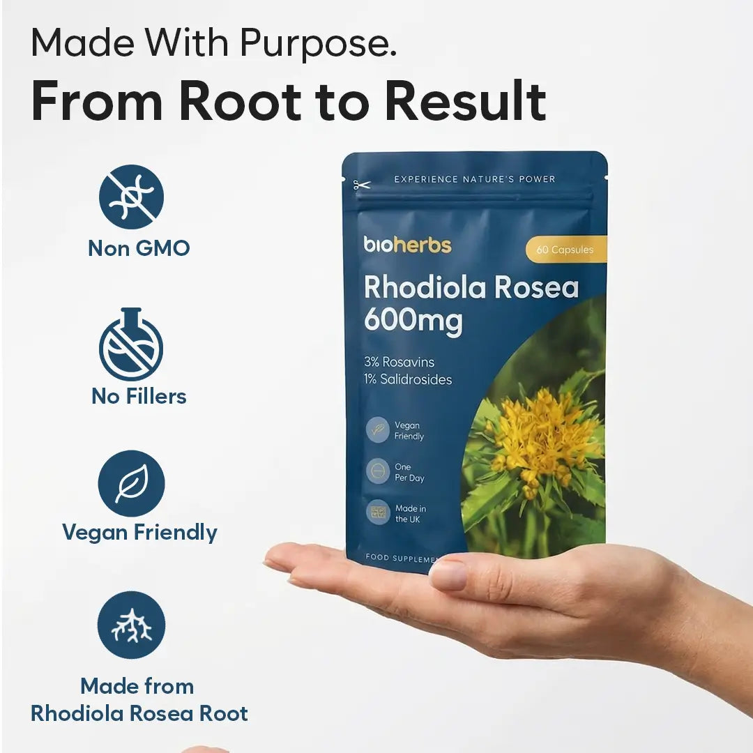 Rhodiola Rosea Capsules High Strength - 600mg 3% Rosavins 1% Salidroside by BioHerbs | 60 One-Per Day Capsules (2-Month Supply)