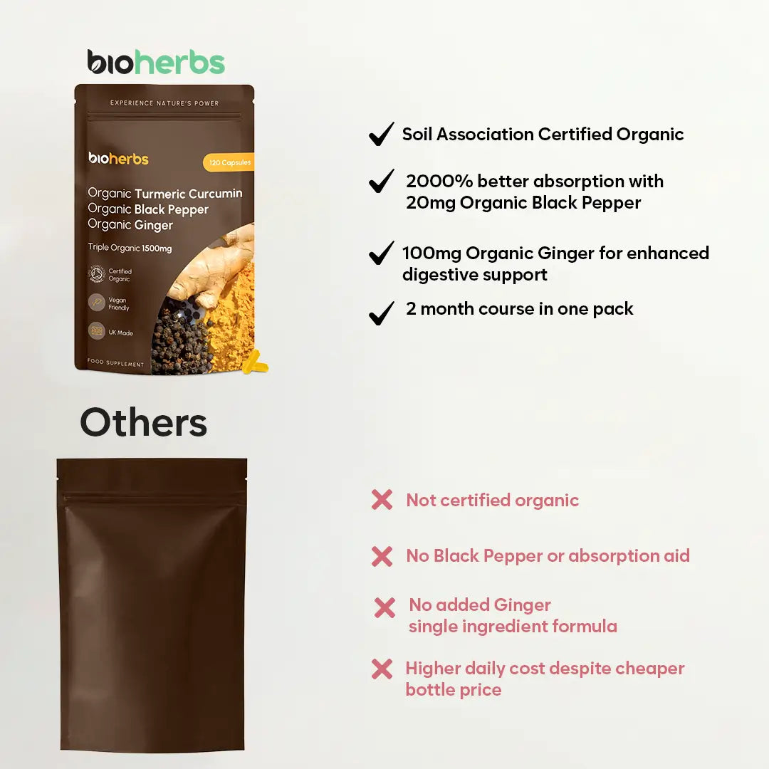 Organic Turmeric Capsules 1500mg with Black Pepper & Ginger | High Strength Turmeric Supplement by BioHerbs | 120 Capsules (2-Month Supply)