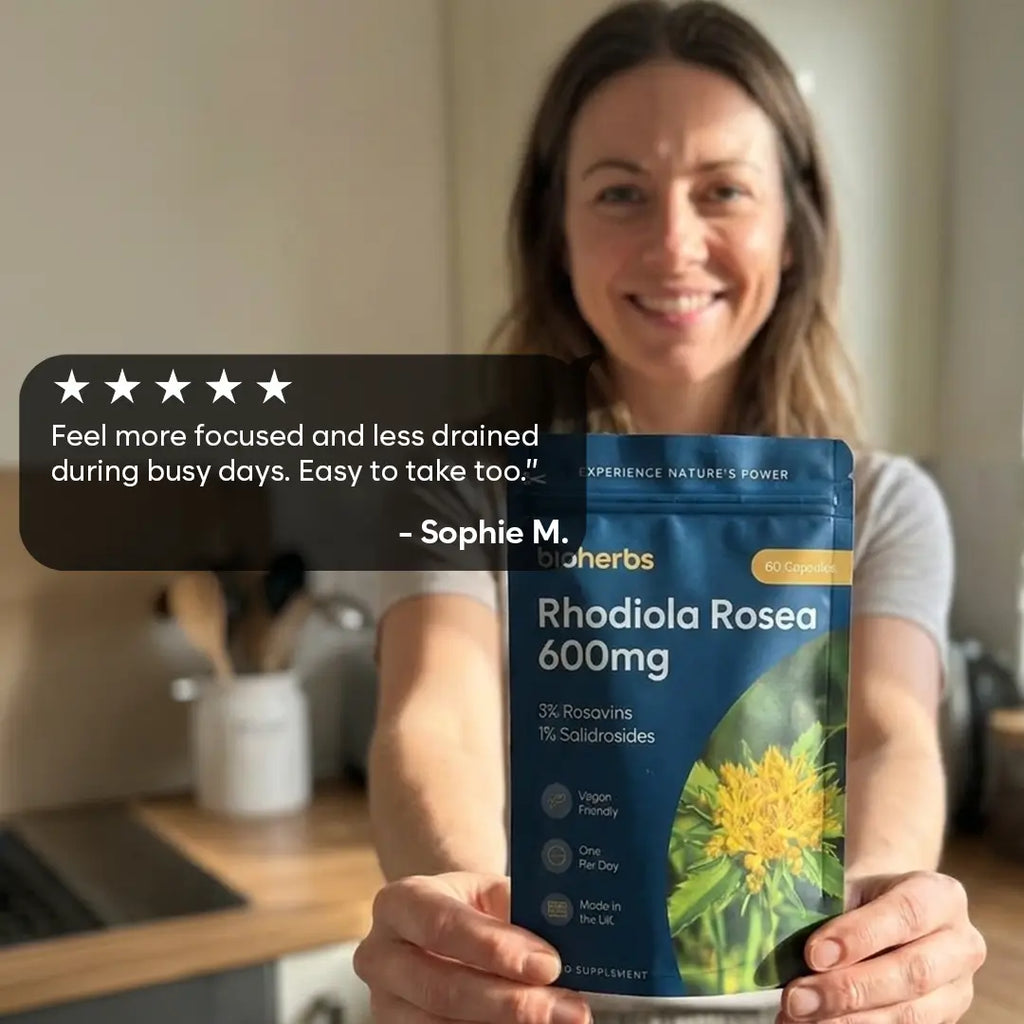 Rhodiola Rosea Capsules High Strength - 600mg 3% Rosavins 1% Salidroside by BioHerbs | 60 One-Per Day Capsules (2-Month Supply)